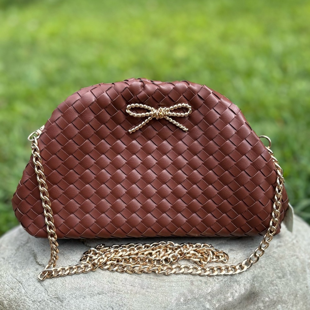 Anthropologie Woven Brown Clutch with Gold Chain
